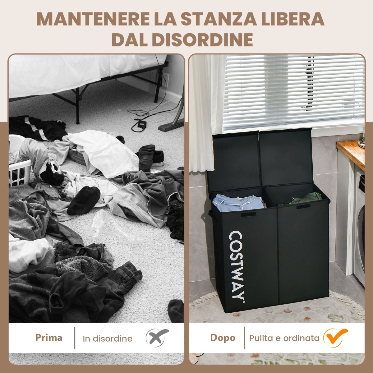 Cesto Portabiancheria Da 115L Con Coperchio 2 Scomparti, Portabiancheria Sporca in Tessuto per Lavanderia