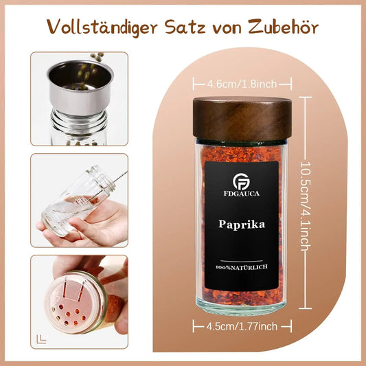 Set of 12/24 round bottles with rosewood lids, spice labels, kitchen spice storage expert, 100 ml glass spice jars