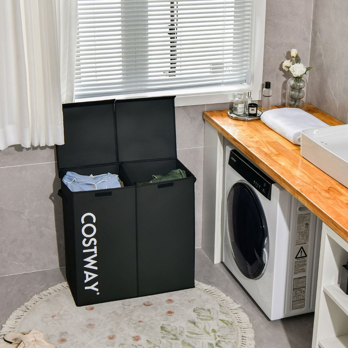 Cesto Portabiancheria Da 115L Con Coperchio 2 Scomparti, Portabiancheria Sporca in Tessuto per Lavanderia