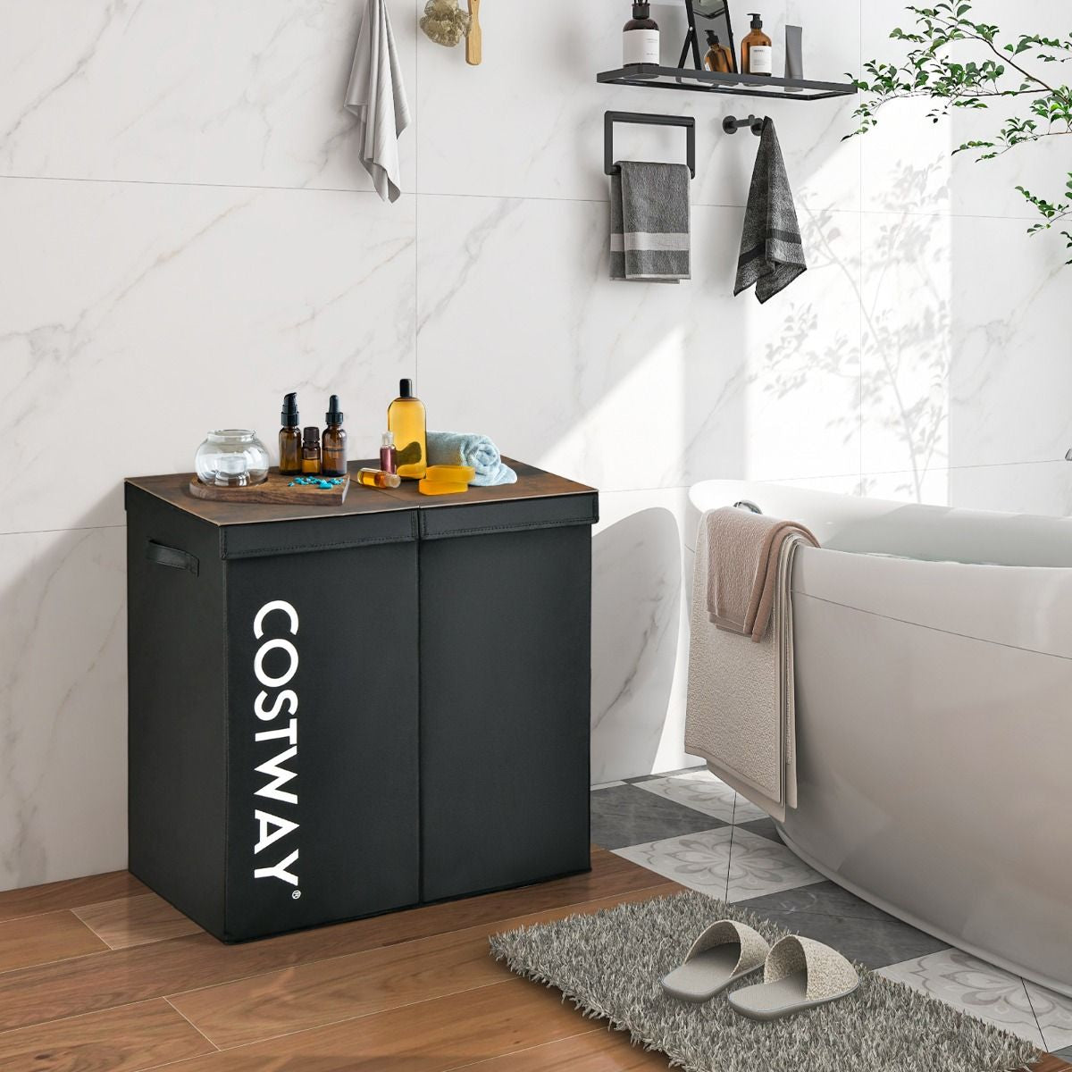 Cesto Portabiancheria Da 115L Con Coperchio 2 Scomparti, Portabiancheria Sporca in Tessuto per Lavanderia