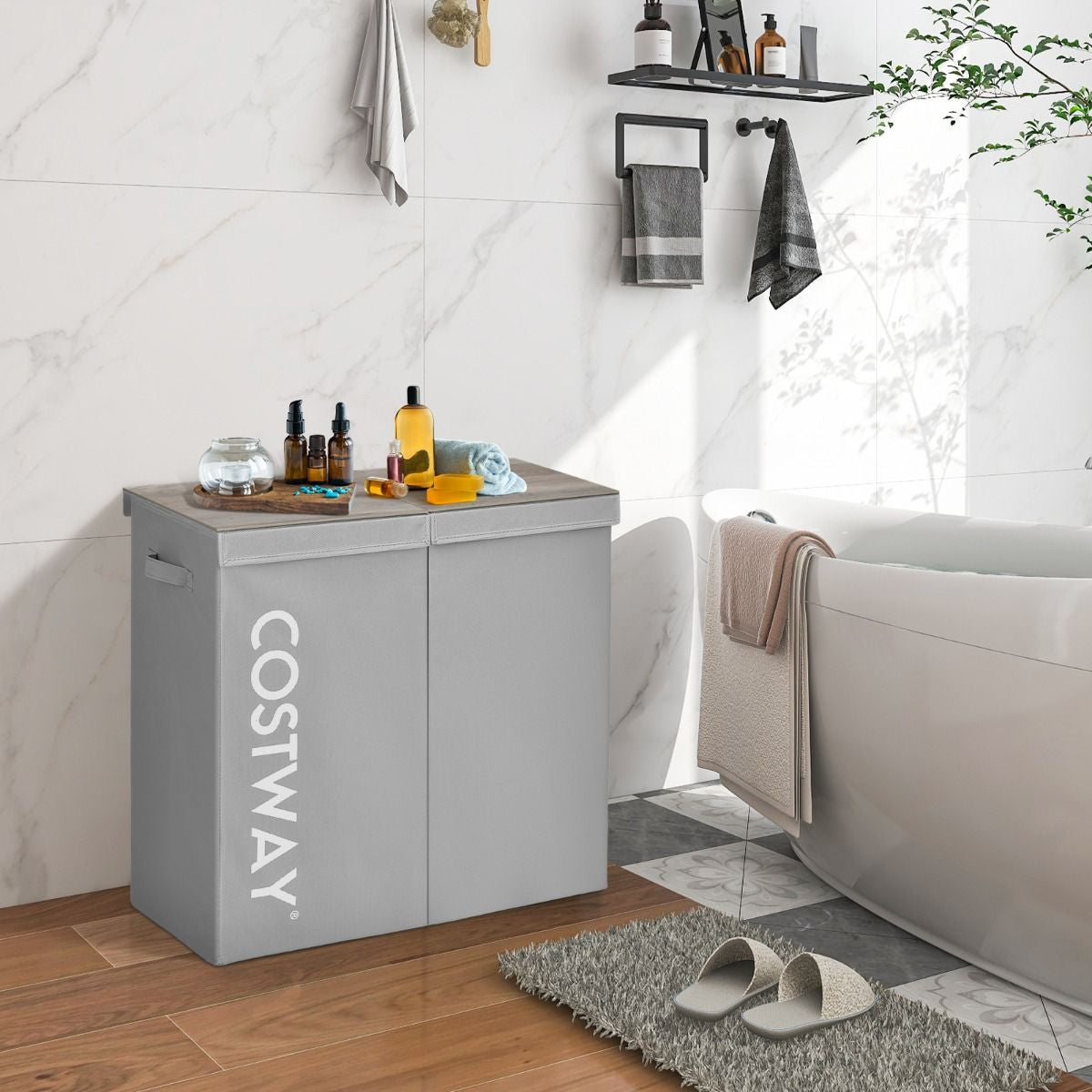 Cesto Portabiancheria Da 115L Con Coperchio 2 Scomparti, Portabiancheria Sporca in Tessuto per Lavanderia