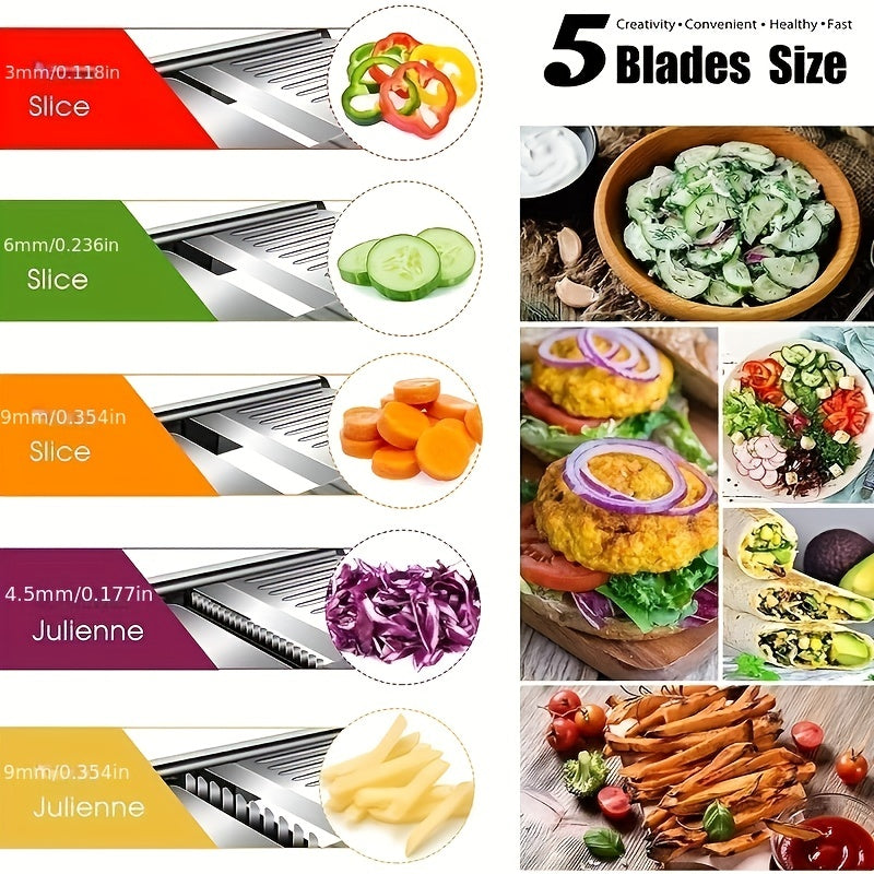 [Professional Vegetable Slicer] Professional Stainless Steel Vegetable Slicer | Adjustable Mandoline Slicer with 5 Blades - Onion Potato Grater Kitchen Accessories