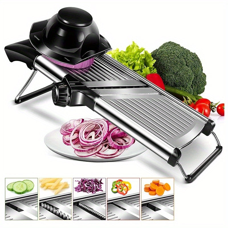 [Professional Vegetable Slicer] Professional Stainless Steel Vegetable Slicer | Adjustable Mandoline Slicer with 5 Blades - Onion Potato Grater Kitchen Accessories