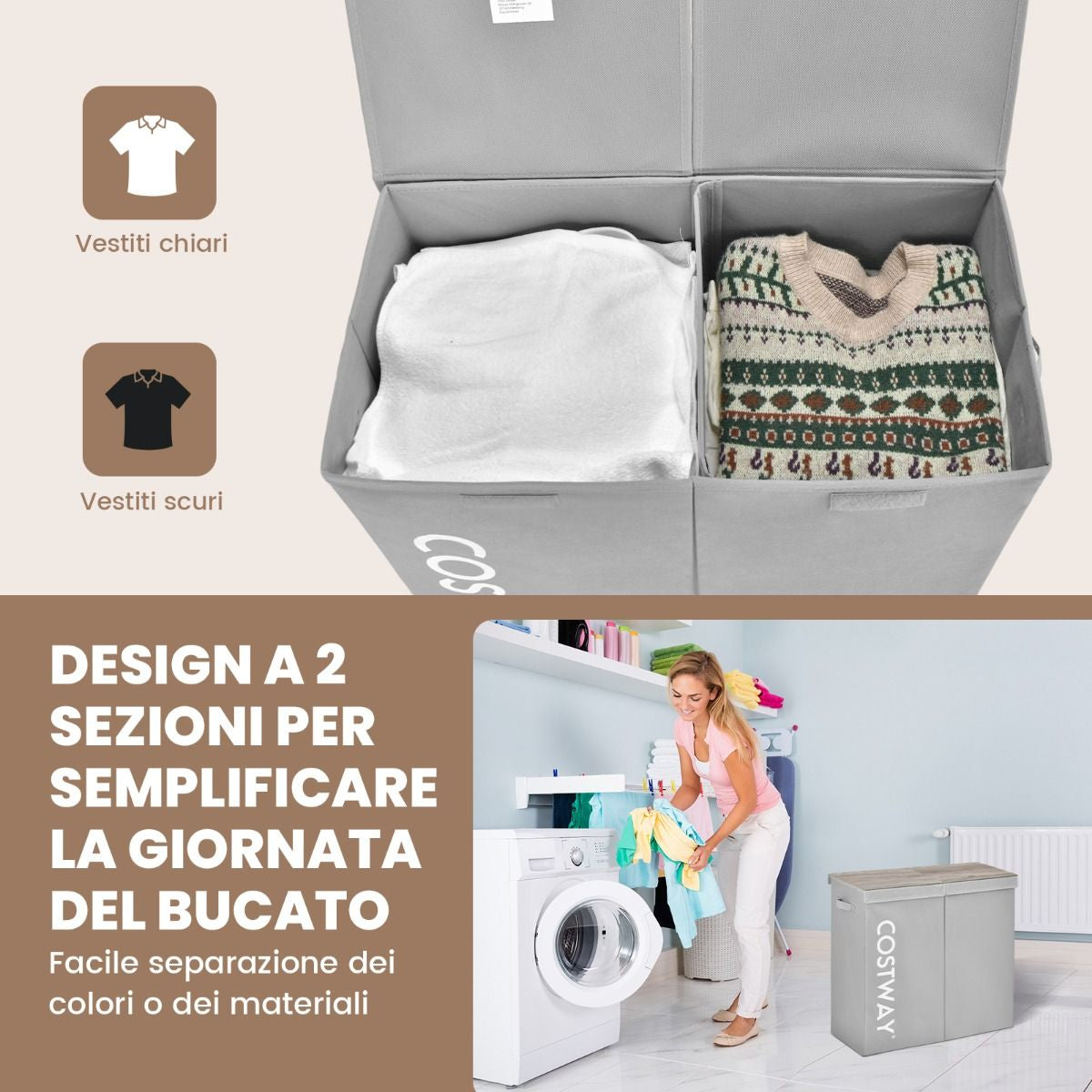 Cesto Portabiancheria Da 115L Con Coperchio 2 Scomparti, Portabiancheria Sporca in Tessuto per Lavanderia