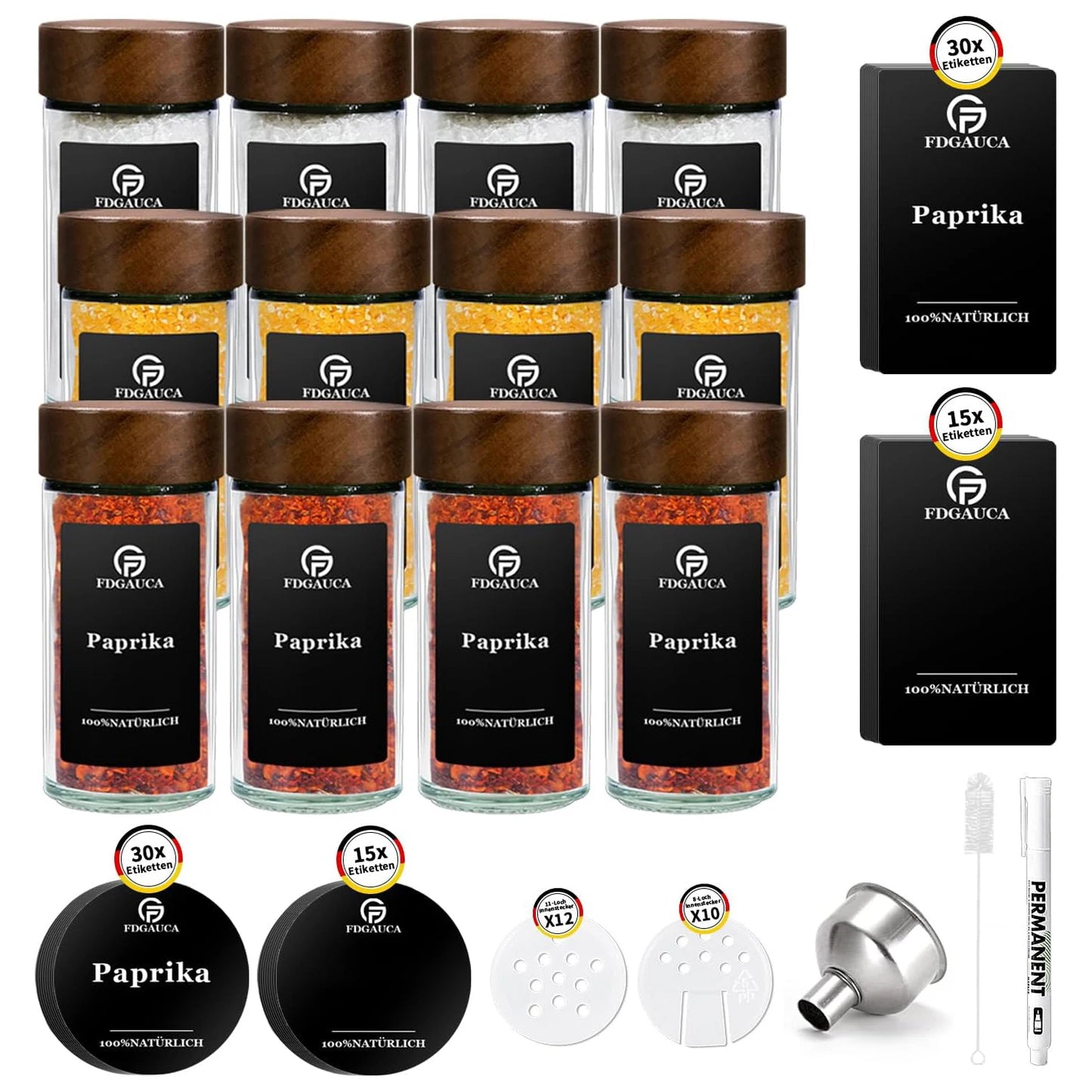 Set of 12/24 round bottles with rosewood lids, spice labels, kitchen spice storage expert, 100 ml glass spice jars