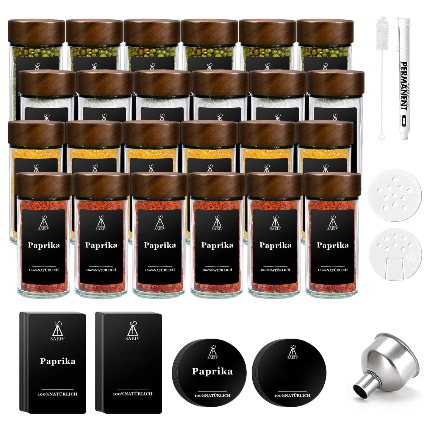 Set of 12/24 round bottles with rosewood lids, spice labels, kitchen spice storage expert, 100 ml glass spice jars