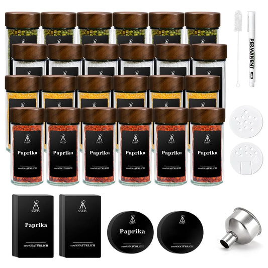 Set of 12/24 round bottles with rosewood lids, spice labels, kitchen spice storage expert, 100 ml glass spice jars