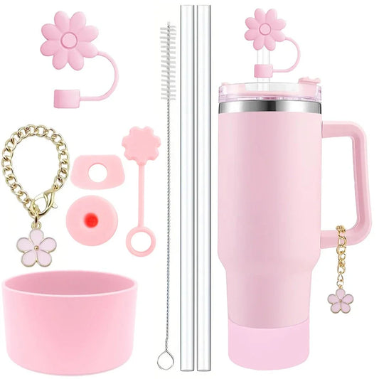 Cup Accessories for Stanley Cup Set of 9 Straw and Brush and 1 Flower Charm Chain 3 Spill Proof Stopper Flowers Straw Cover Boot