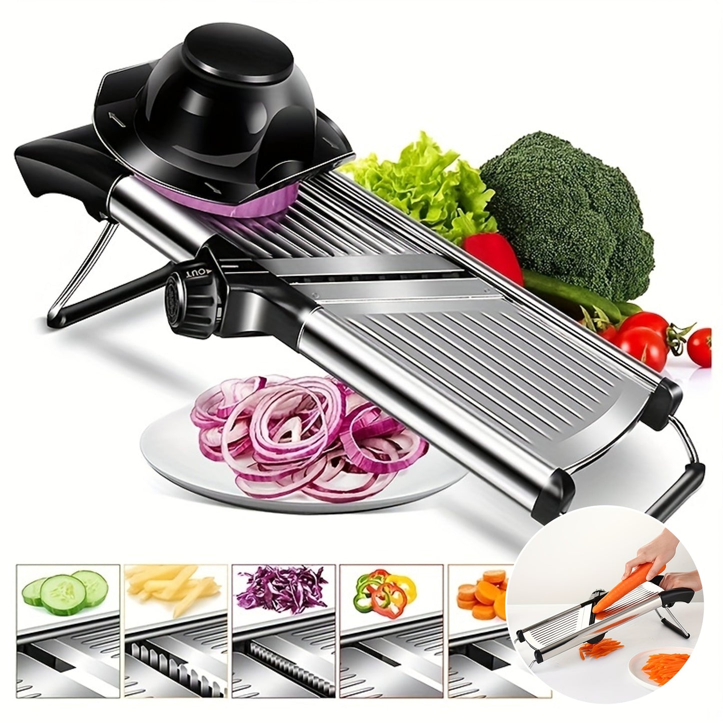 [Professional Vegetable Slicer] Professional Stainless Steel Vegetable Slicer | Adjustable Mandoline Slicer with 5 Blades - Onion Potato Grater Kitchen Accessories
