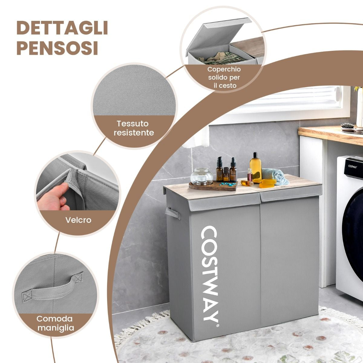 Cesto Portabiancheria Da 115L Con Coperchio 2 Scomparti, Portabiancheria Sporca in Tessuto per Lavanderia