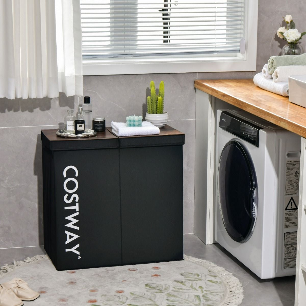 Cesto Portabiancheria Da 115L Con Coperchio 2 Scomparti, Portabiancheria Sporca in Tessuto per Lavanderia