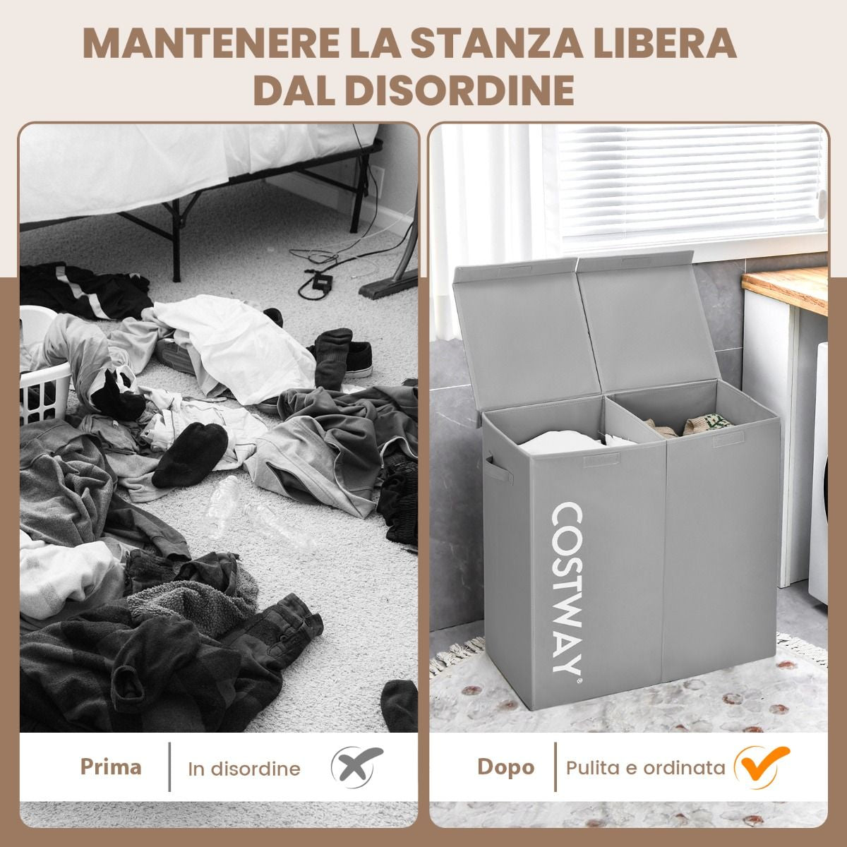 Cesto Portabiancheria Da 115L Con Coperchio 2 Scomparti, Portabiancheria Sporca in Tessuto per Lavanderia